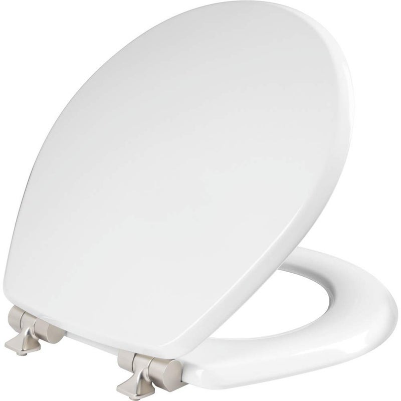Mayfair Bennett Toilet Seat with Brushed Nickel Hinges, Slow Close Wood Seat, Secure Metal Hinges, Easy Install, Made in USA, Round, White - Image 1